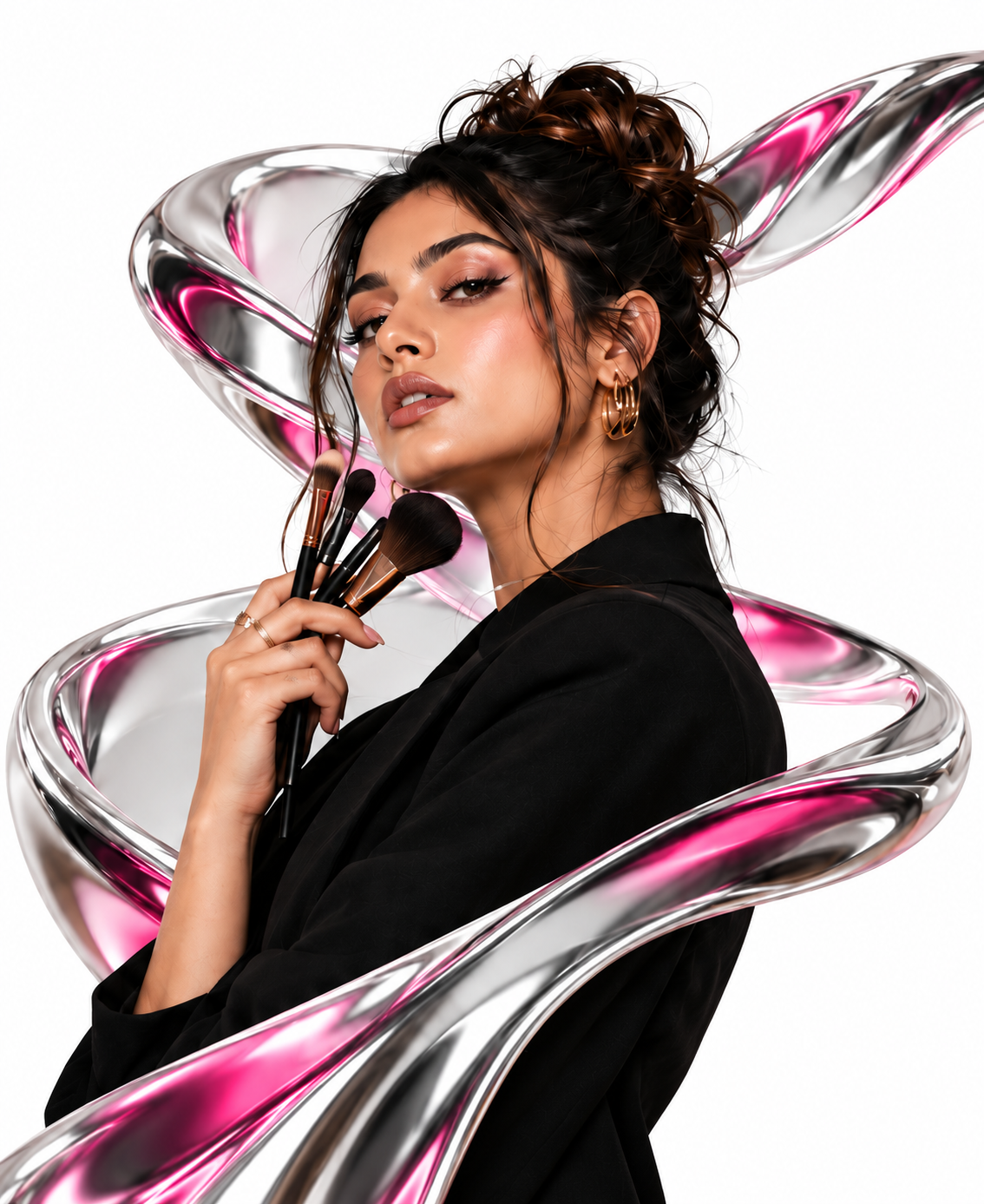 Makeup artist holding brushes, framed by a chrome and pink ribbon